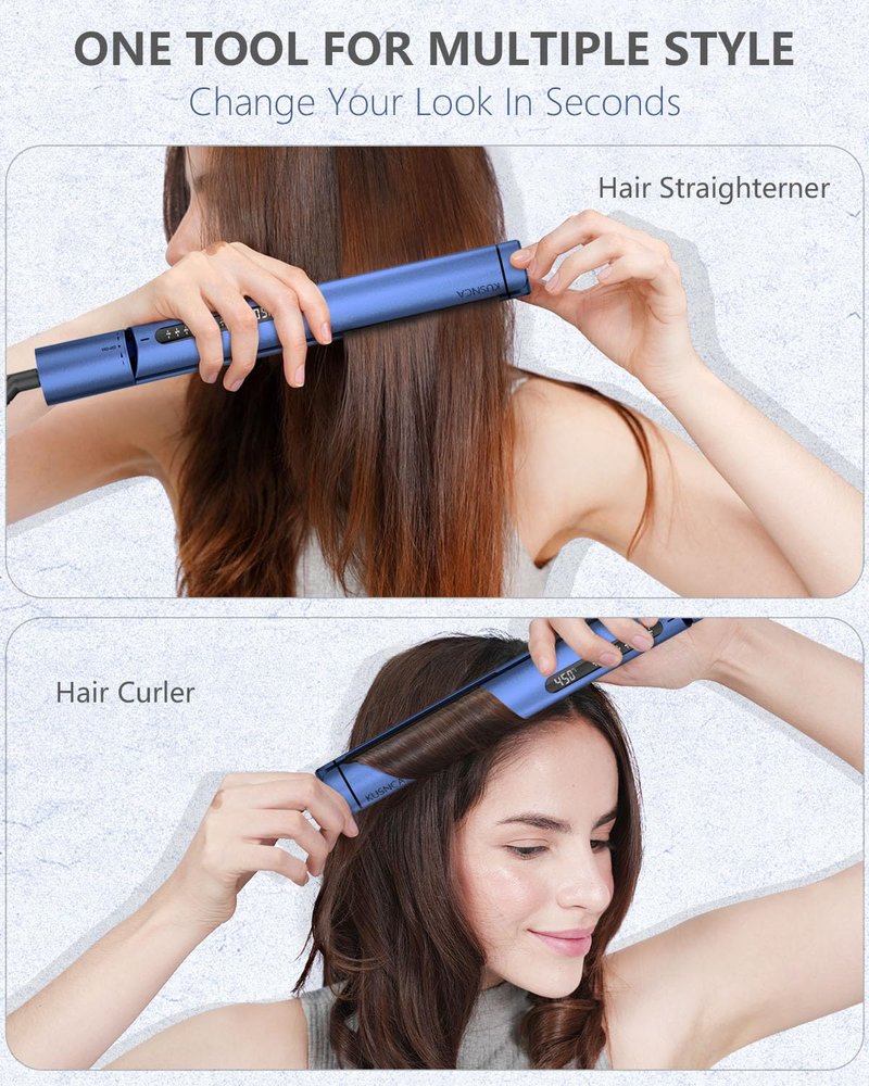 KUSNCA Professional Titanium Flat Iron, Hair Straightener and Curler Iron 2 in 1, Negative Ion Straightening, Dual Voltage Travel Pack, Front Anti-Scald Function, LCD 230°F-450°F, 1 Inch (Blue)