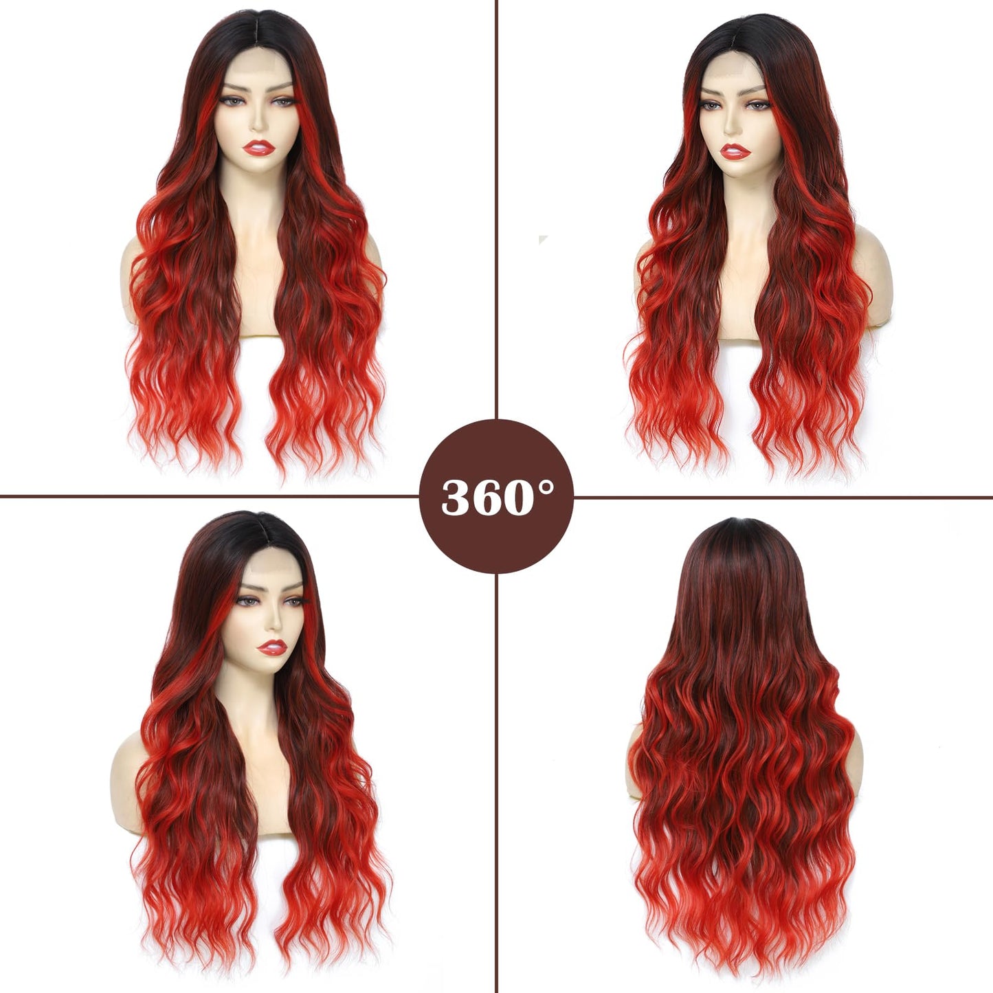 Angzon Long Red Wavy Wig for Women 26 Inch Ombre Red Middle Part Curly Synthetic Hair Wig Natural Look Heat Resistant Fiber for Daily Party Use