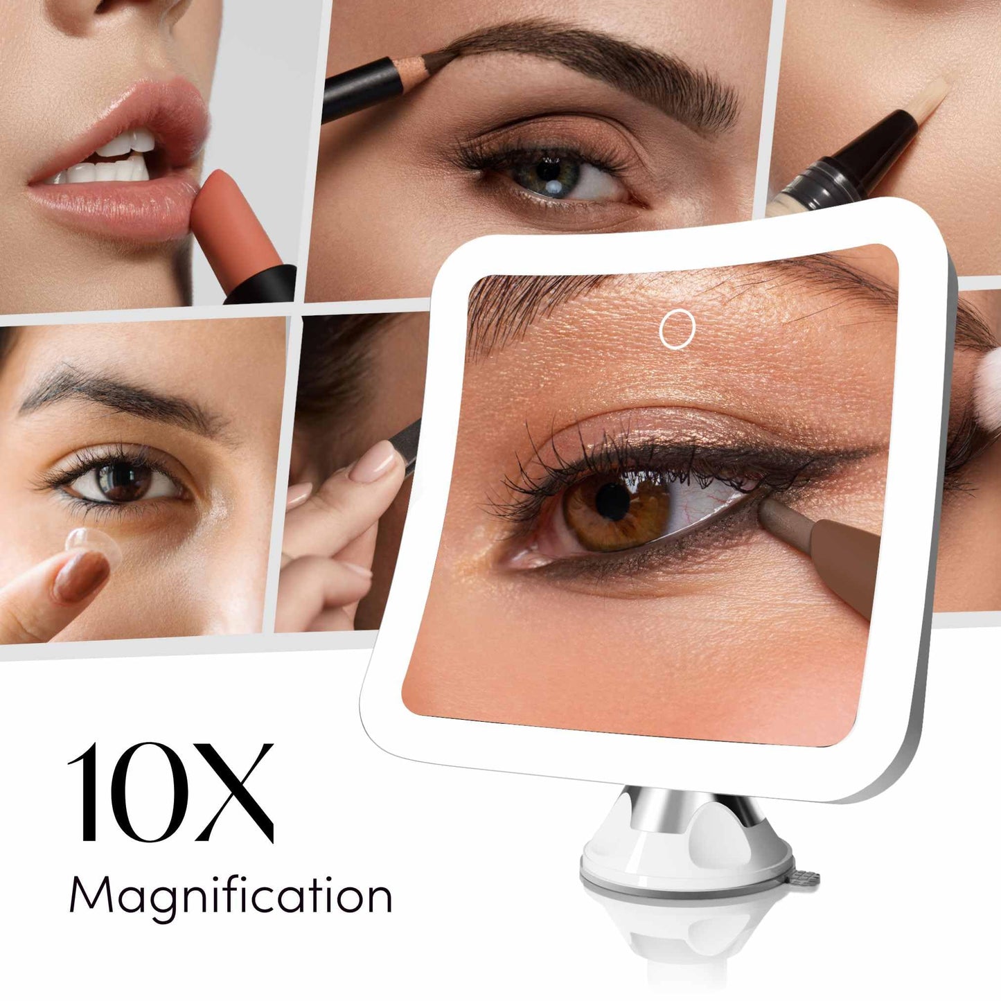 Fancii Rechargeable 10x Magnifying Mirror with 3 LED Light Settings, Dimmable Touch Light, Cordless, Locking Suction Mount, Lighted Mirror for Bathroom or Travel, Mira 2 (White)