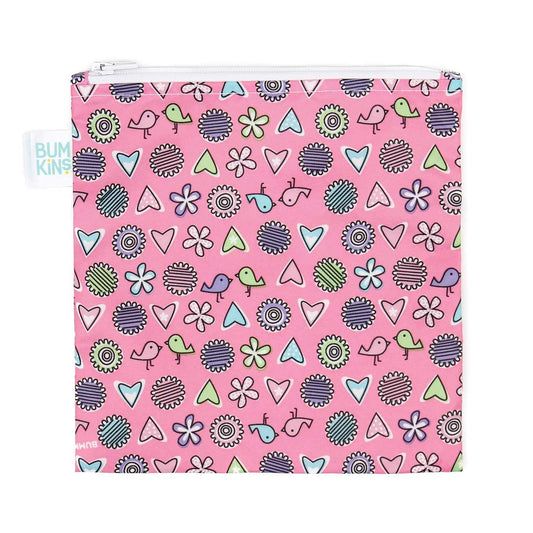 Bumkins Reusable Sandwich and Snack Bags, for Kids School Lunch and for Adults Portion, Washable Fabric, Waterproof Cloth Zip Bag, Travel Pouch, Food-Safe Storage, Large, Love Birds Pink