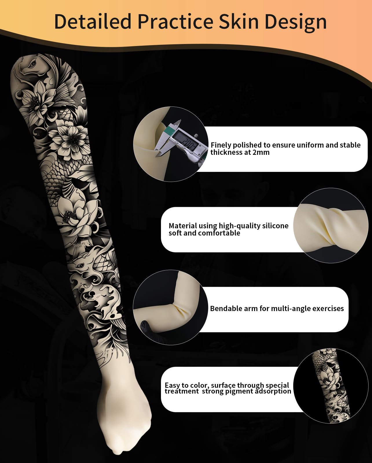 Tattoo Practice Skin - 3D Tattoo Silicone Arm Model for Practice and Displaying, High Simulation Arm Skin, Easy to Color, Yellow