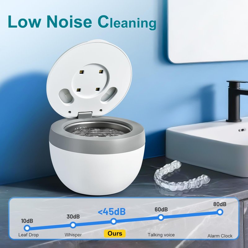 Hossili Ultrasonic Retainer Cleaner Machine, 45kHz 200ML Dental Cleaning Pod with 4 Wash Modes, Digital Timer for Denture Cleaner, Aligners, Mouth Guards, Braces, Jewelry & Toothbrush Heads (White)
