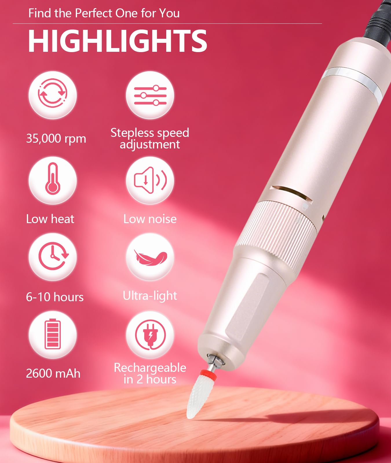 Professional Nail Drill High Torque 35000 RPM Rechargeable Portable Electric Nail File Filer for Acrylic Gel with Cuticle Bits, Salon Manicure Tool, Rose Gold