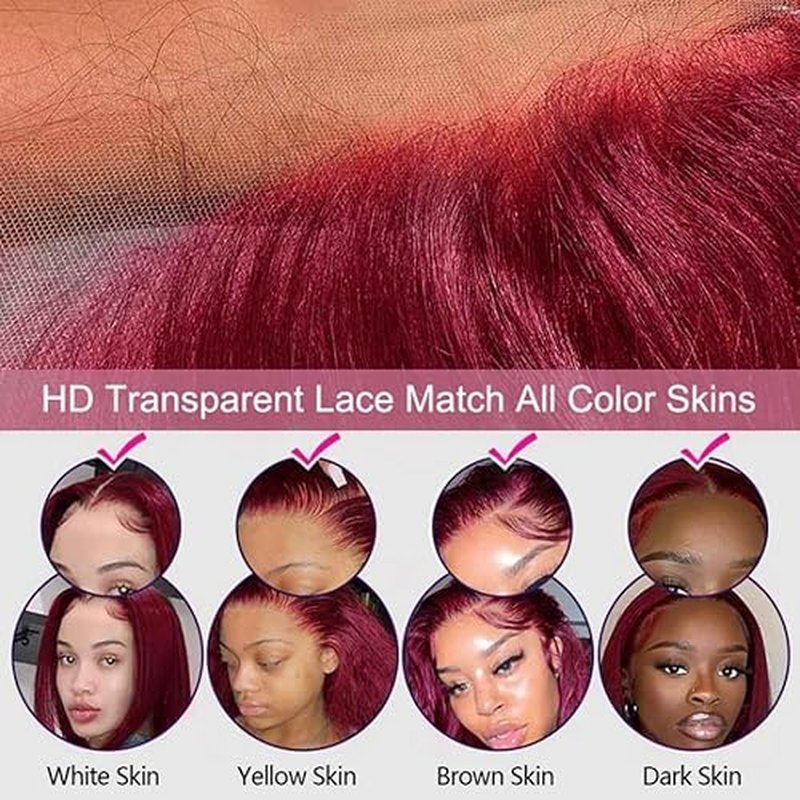 220% Density 99J Burgundy Lace Front Wigs Human Hair Pre Plucked Hairline Body Wave Glueless 13¡¿4 HD Transparent Wigs for Women Human Hair with Baby Hair Wine Red Colored (22 inch, 99j)