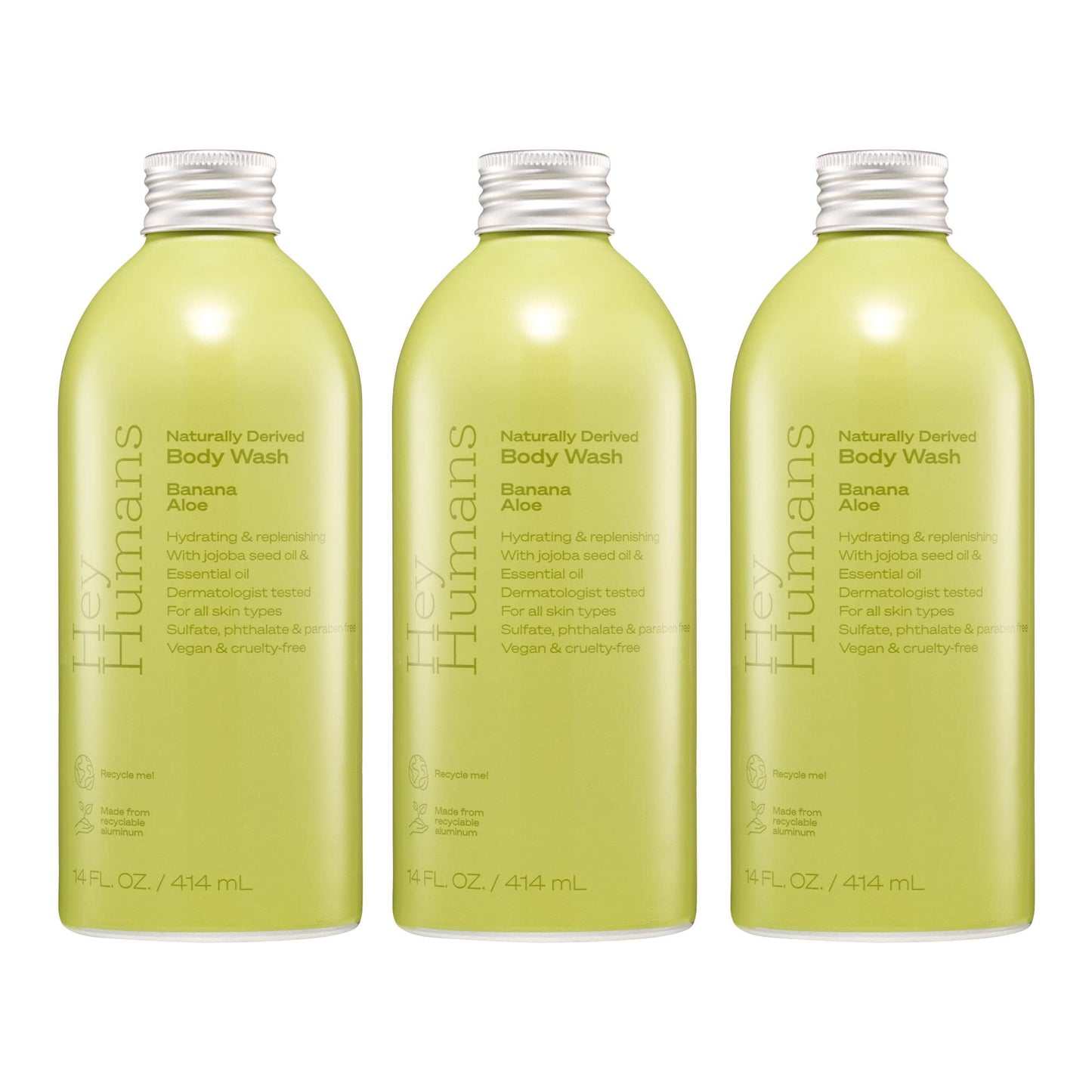Hey Humans Banana Aloe Moisturizing Body Wash with Natural Ingredients & Jojoba Oil | Clean, Vegan, Sulfate Free Bath & Body Wash for Women & Men | Recyclable Bottle, 14 fl. oz. - Pack of 3