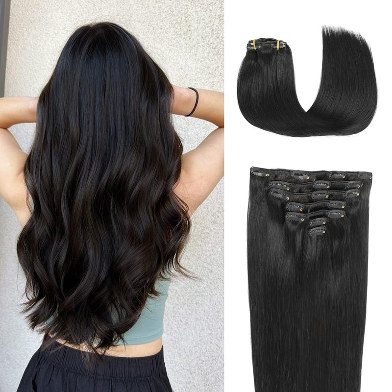 JESSBO Clip in Hair Extensions Real Human Hair 16 Inch 120g 7pcs Jet Black Seamless Human Hair Clip in Extensions Invisible Double Weft Natural Straight Hair Extensions for Woman (16 Inch #1)