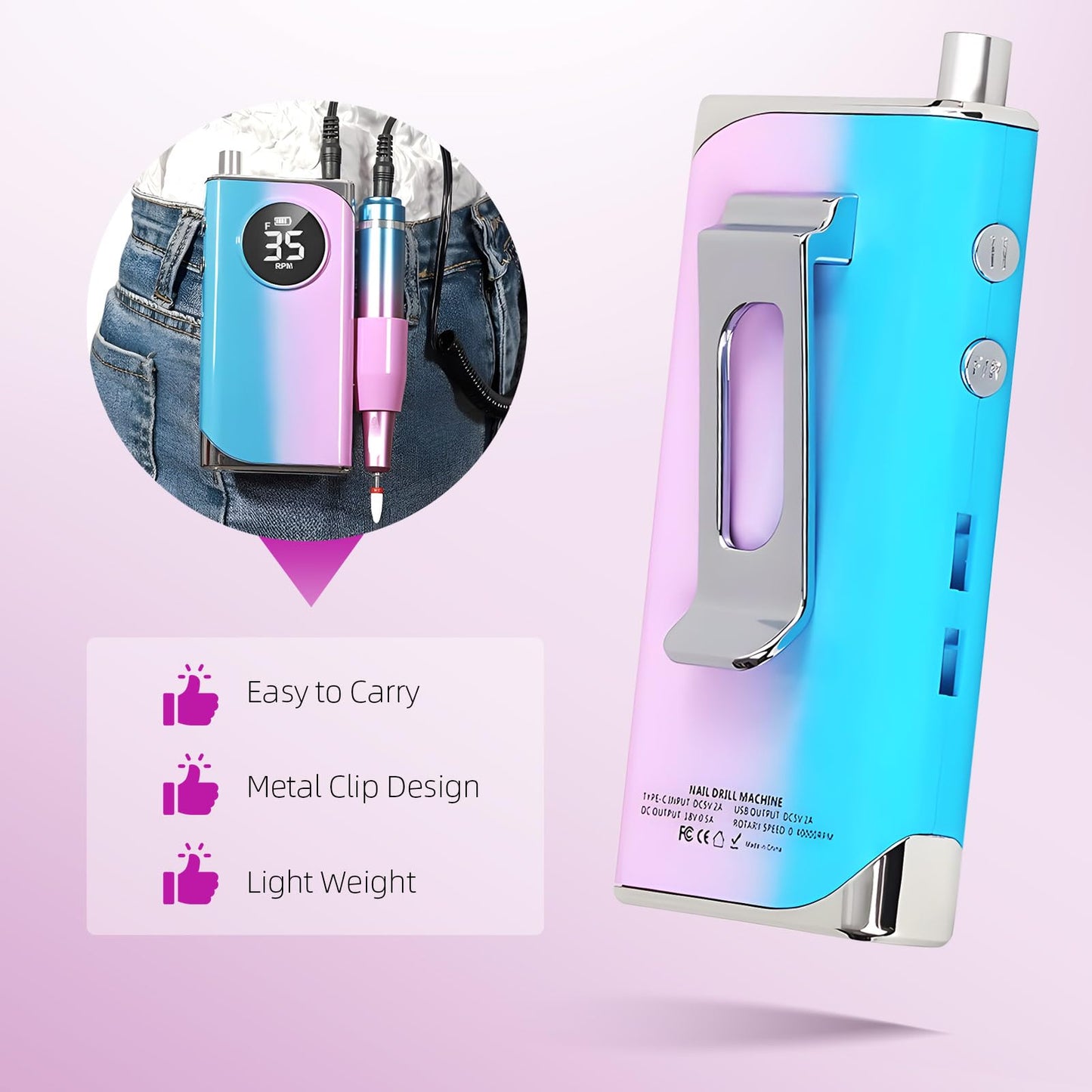 Electric Nail Drill Professional:40000RPM Electric Nail Drill Machine,Rechargeable Nail Efile for Acrylic Gel Nails, Manicure Pedicure Polishing Shape Tools for Salon Home Use