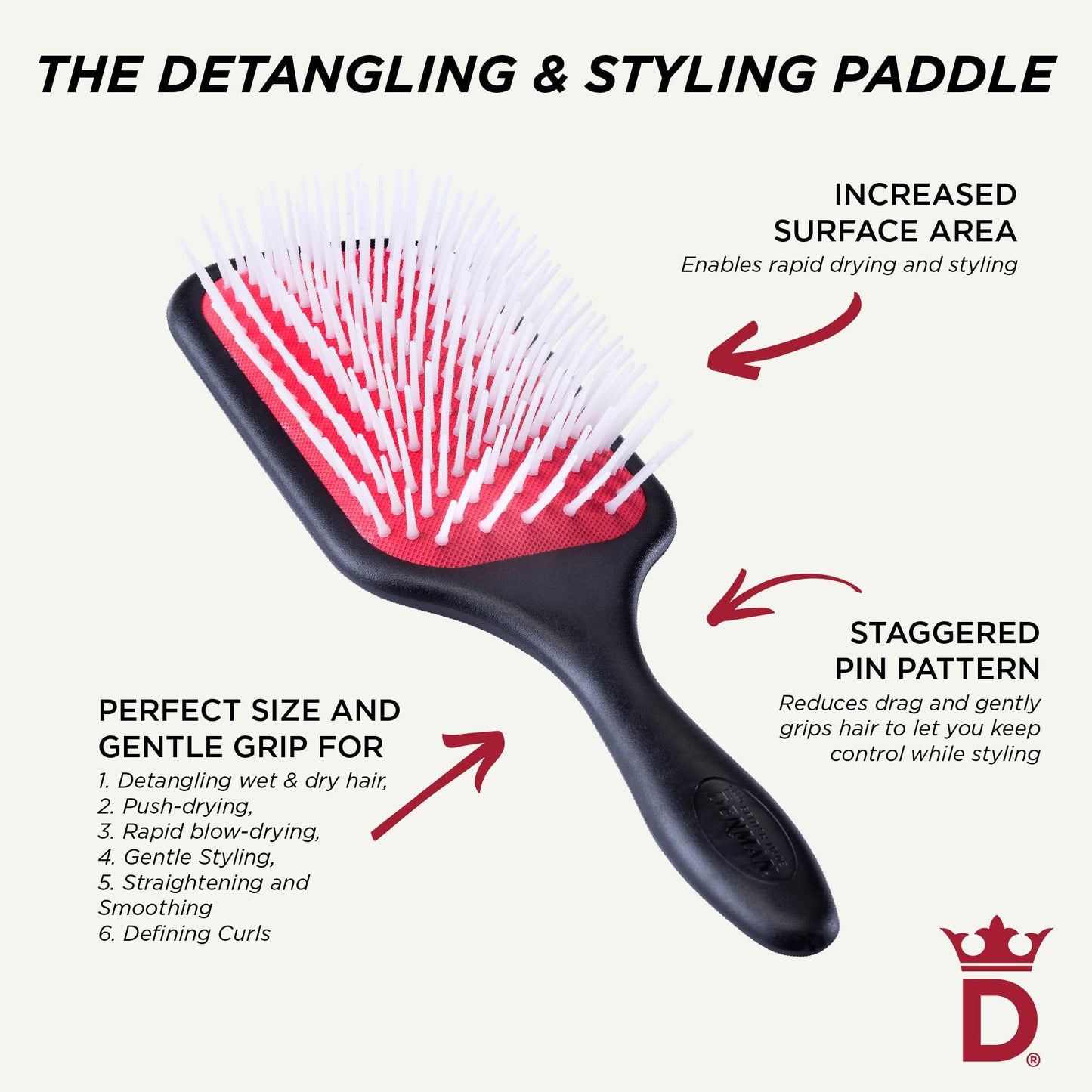Denman Detangling & Styling Paddle Brush – Wet or Dry Hair Detangler & Styler for Curly, Coily, Straight, Thick & Long Hair – Ideal for Women & Men