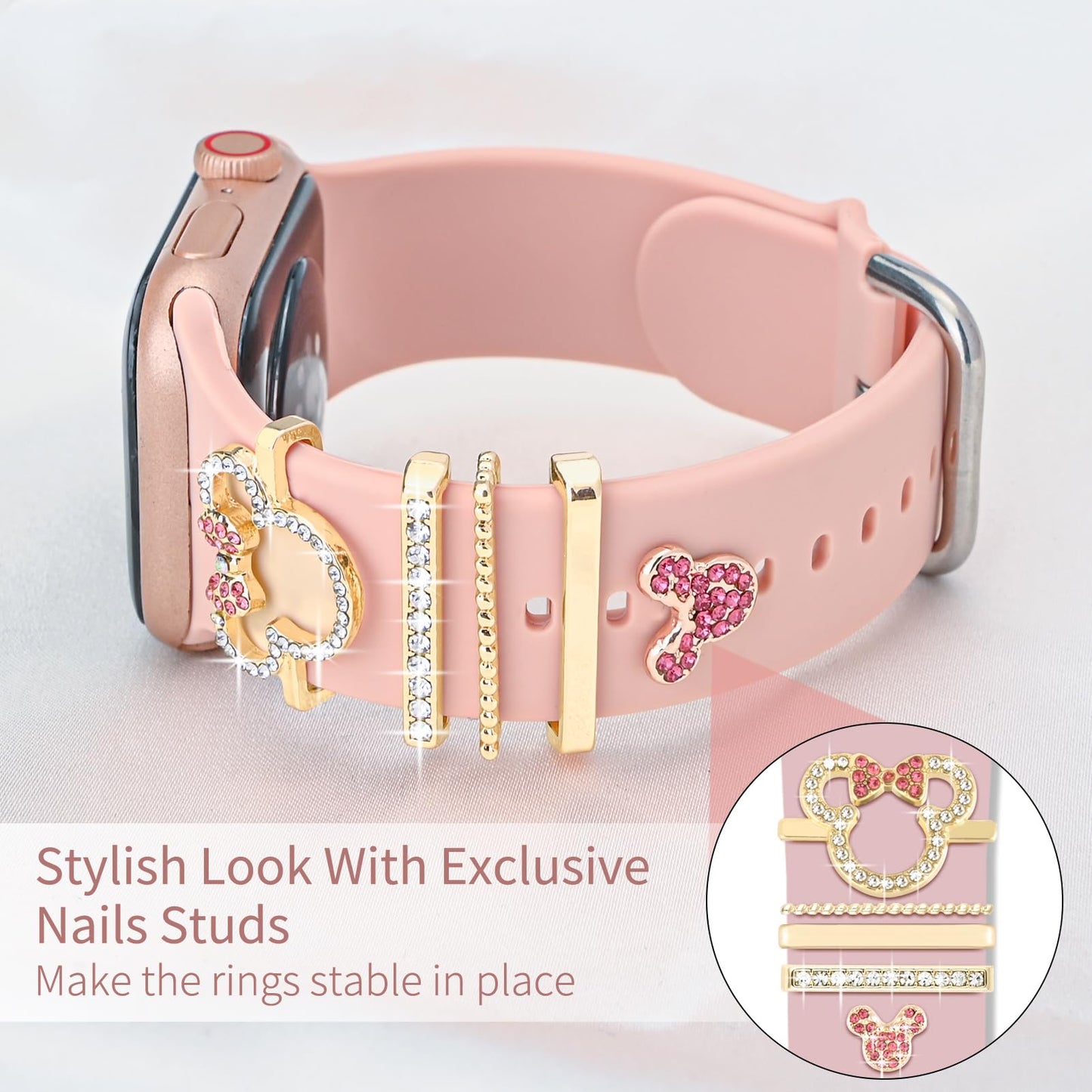 Shesyuki Watch Band Charms Set - Decorative Rings and Clasps with Shining Stones, Compatible with iWatch Series 1 to 8, Fits 38mm/40mm/41mm/42mm/44mm/45mm Models (No Watch Band)