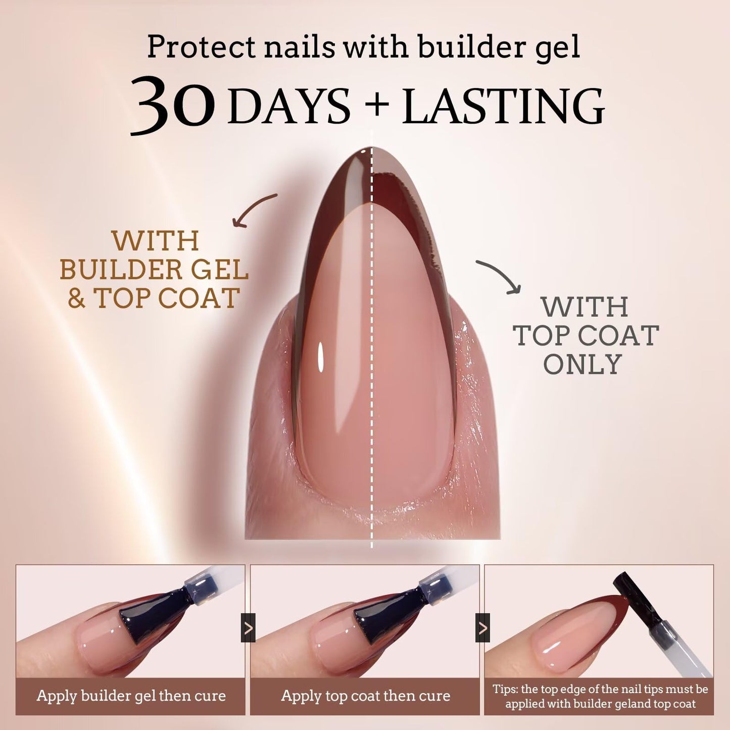 BTArtboxnails XCOATTIPS French Tip Nail Kit - Long Square Nail Tips Brown with Nail Gel, French Protecing Duo, Nail Lamp, Gel Nail Extension Kit