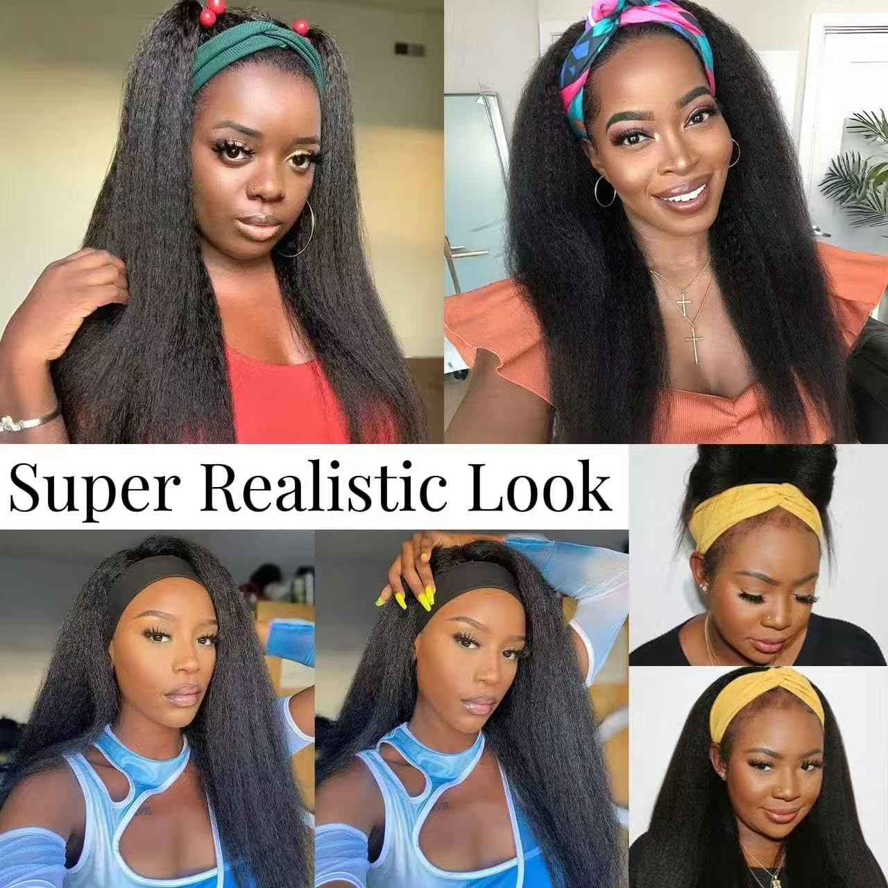 ME-U Headband Wig Human Hair Kinky Straight Guleless Wigs for Black Women Wear and Go 180% Density Yaki Straight Wig No Lace Natural Black Color 26 Inch