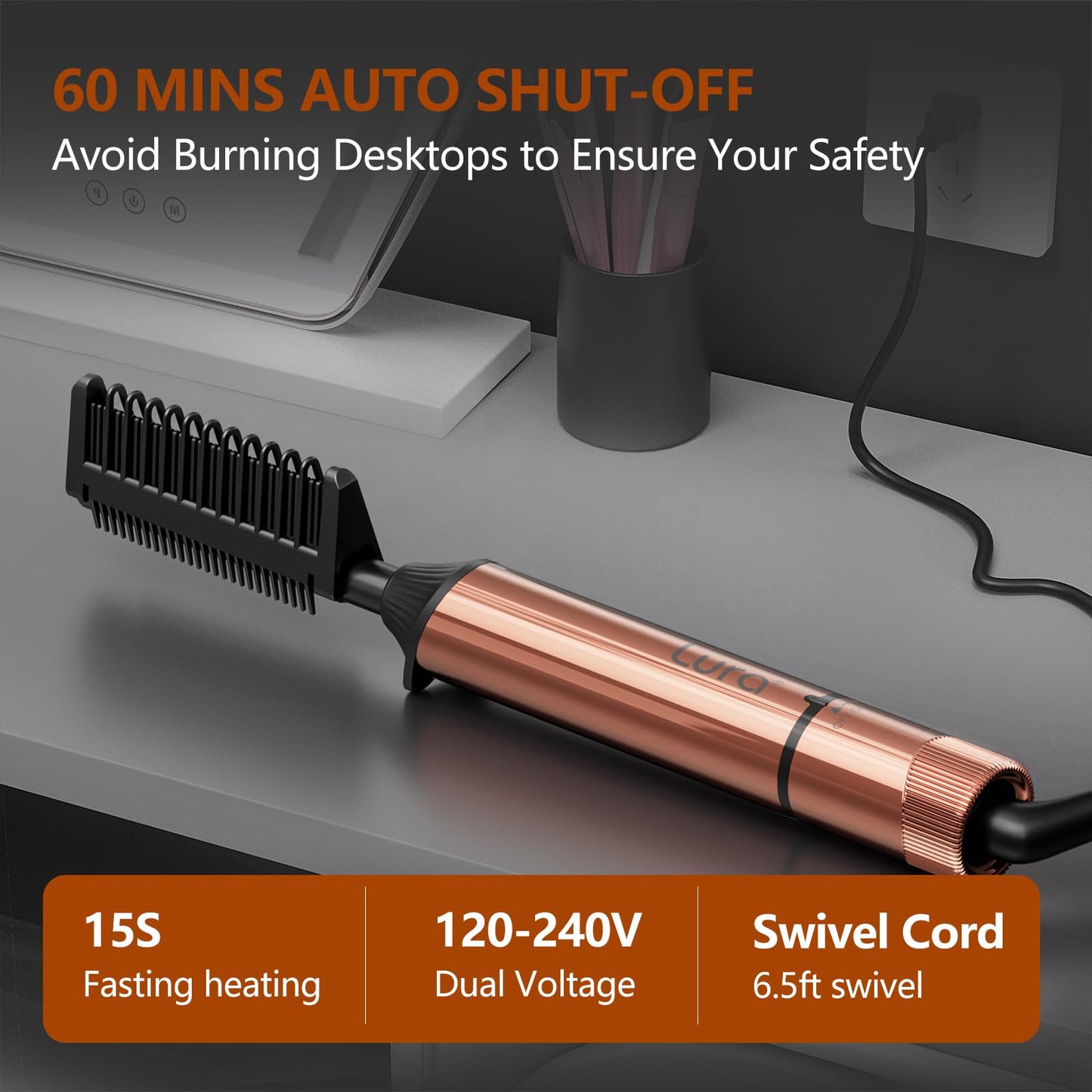 LURA Nano Titanium Hot Comb for Wigs,250-500°F Electric Hot Combs for Black Women Hair,Pressing Combs for Black Hair,Professional Straightening Comb(Rose Gold)