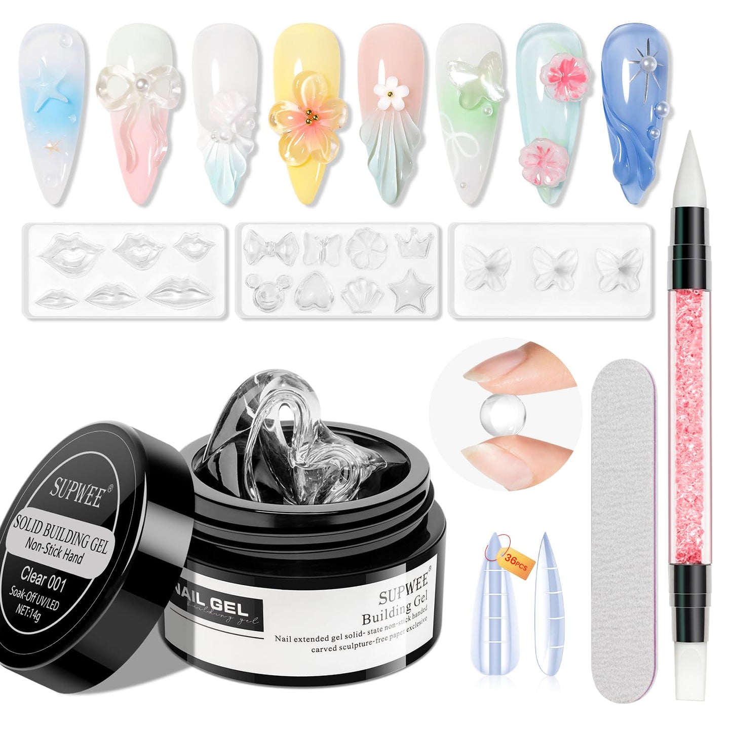 SUPWEE Clear 3d Nail Gel Sculpting Gel, Non Stick Hand Moding Gels for Nails with 3D Silicone Nail Art Molds Solid Builder Sculpture Hard Gels for Extend Home DIY Manicure