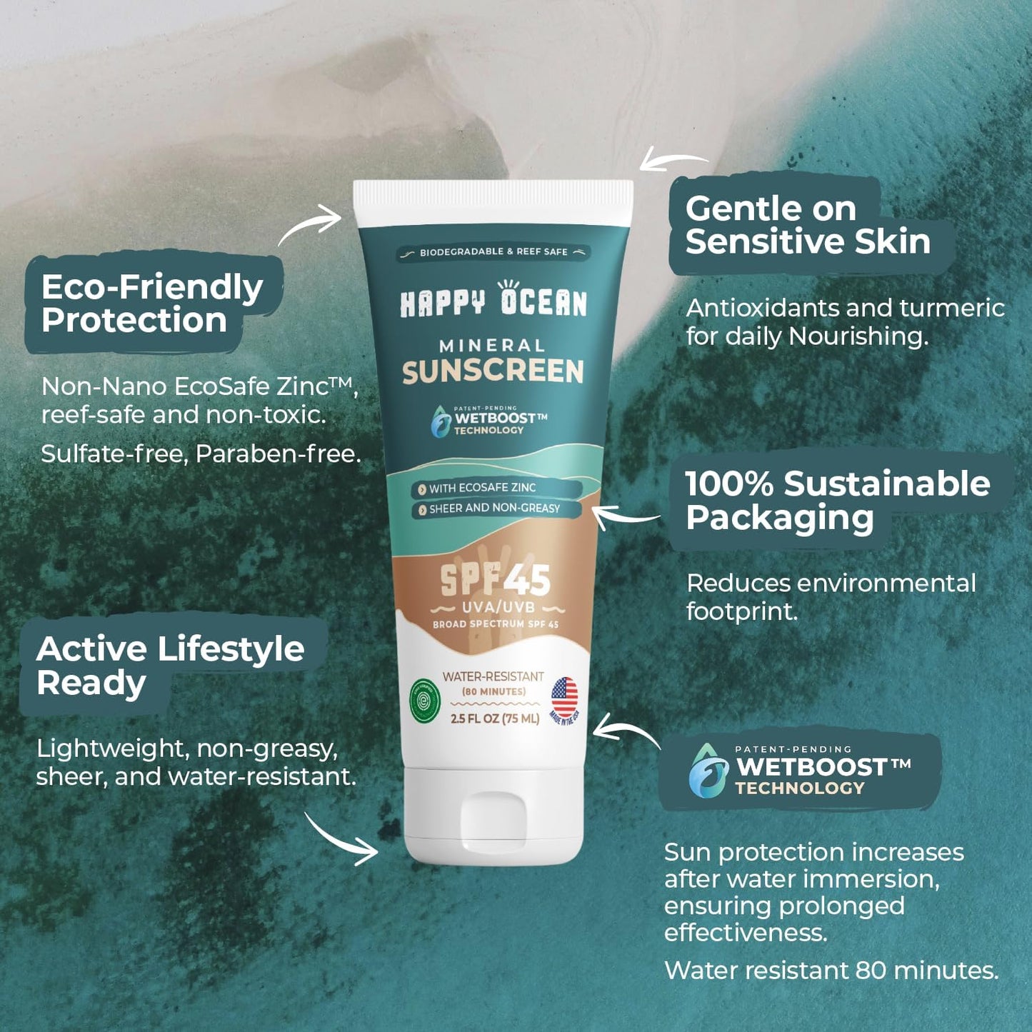 Happy Ocean Reef Safe Sunscreen SPF 45 – Biodegradable Zinc Oxide, Wet Boost Technology, Water Resistant 80 Min, Travel Size 2.5 oz
