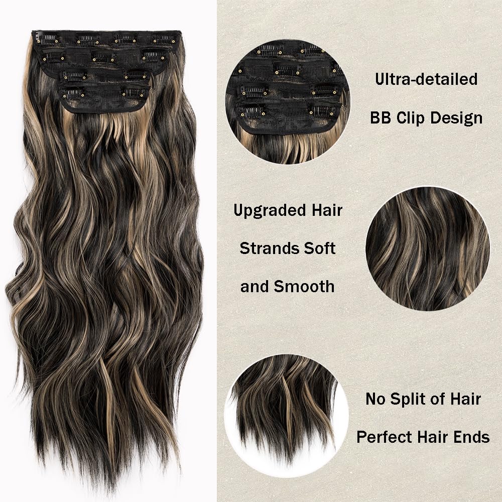 Clip In Hair Extensions - Natural Wavy Synthetic Hairpieces for Women | Black & Blonde Highlights - 20 Inch, 4 Pcs