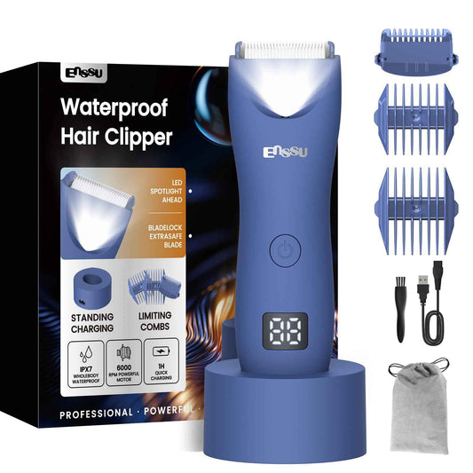 ENSSU Body Hair Trimmer for Men with Light, IPX7 Waterproof Ball Pubic Groin Hair Trimmer for Man with Ceramic Blade, Rechargeable Body Groomer for Men with Charing Dock,LED Display,Blue