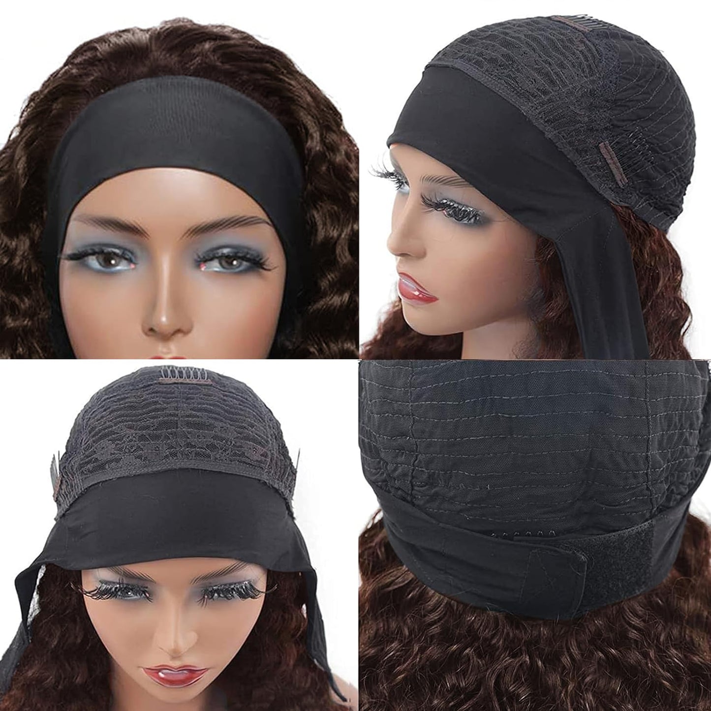 Headband Wig - Human Hair Deep Wave Half Wig | Glueless Brazilian Curly Wig for Black Women - 12 Inch, Chocolate Brown
