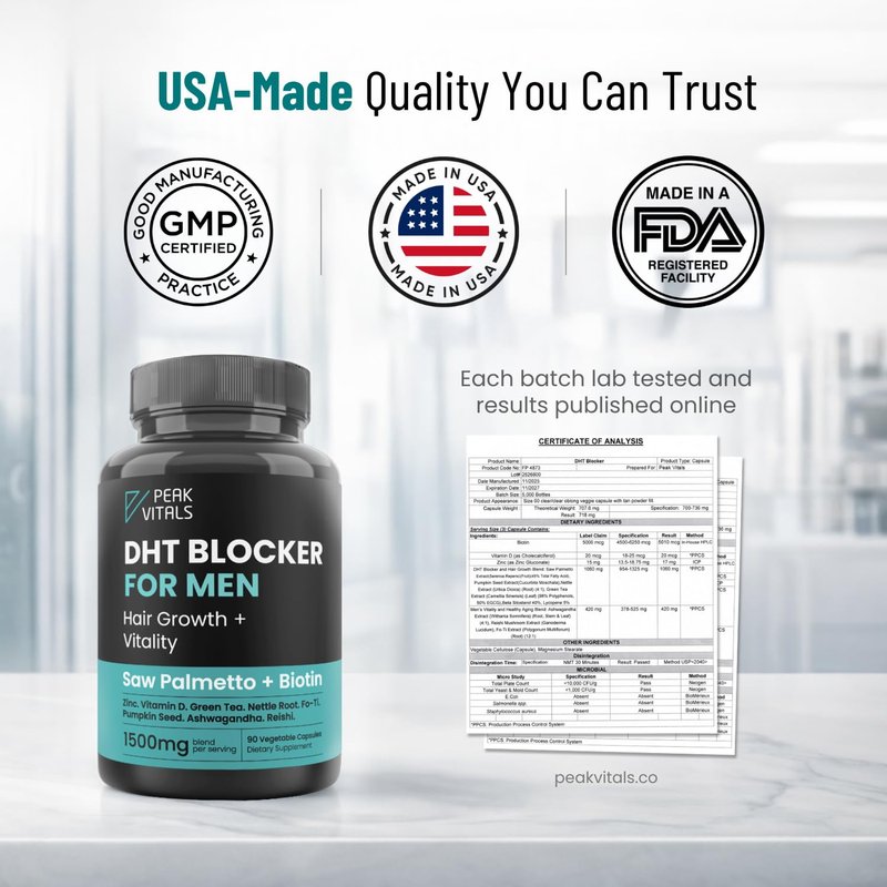 DHT Blocker for Men | Ultra Potent Hair Growth Formula | Saw Palmetto, Biotin, Pumpkin Seed, Herbal Extracts | Natural Hair Loss Supplements | Hair Regrowth Vitamins | Made in the USA | 90 Capsules