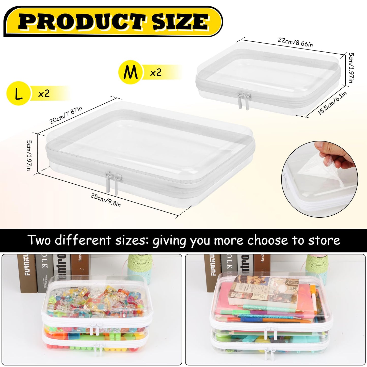 4 Pack Clear Hard Shell Zipper Case(2 Extra Large, 2 Large),13.7" Extra Large+9.8" Large Clear Zipper Pouches for Travel,Toiletries, Makeup,Cosmetic,Electronics & Pencils- Crush-Resistant Storage