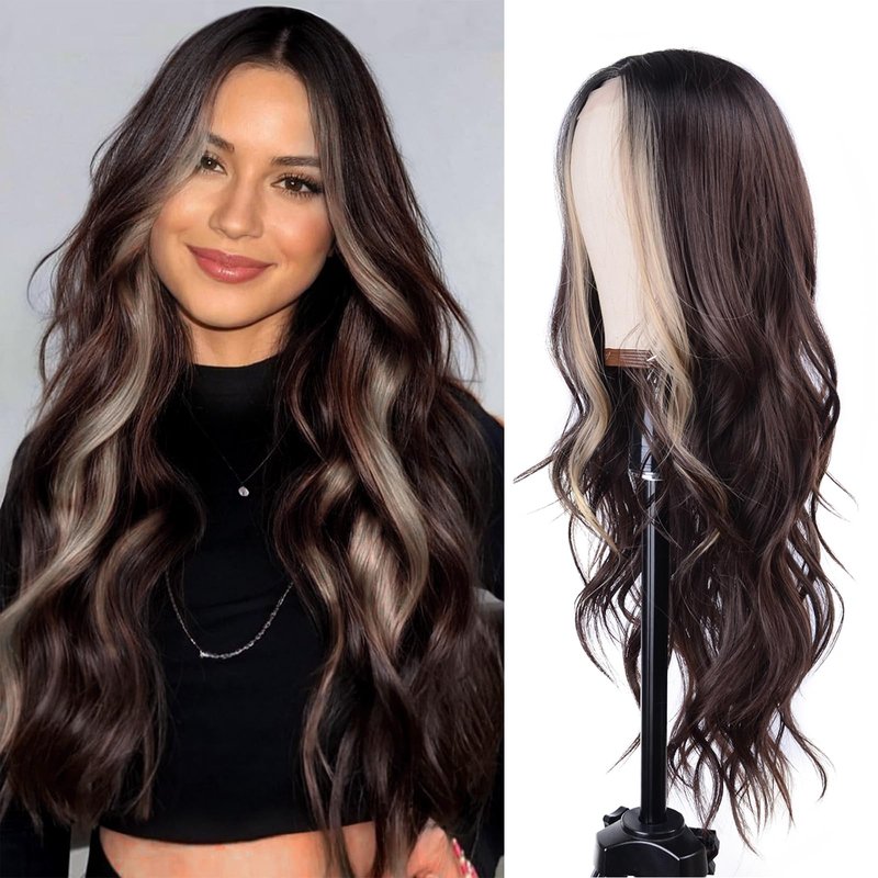 T-color Long Brown Mix Blonde Wavy Wig for Women 26 Inch Middle Part Curly Wavy Wig Natural Looking Synthetic Heat Resistant Fiber Wigs for Daily Wear, Party, Cosplay