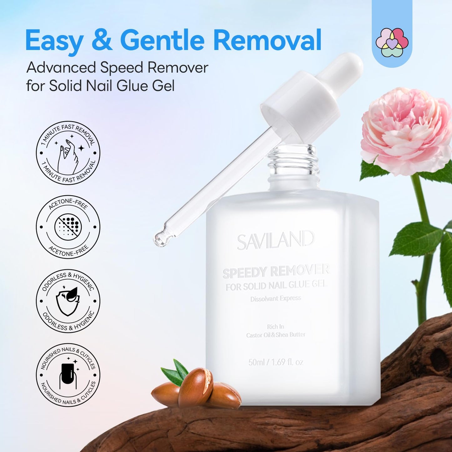SAVILAND Nail Glue Remover for Press on Nails: 50 ML Solid Gel Glue Remover for Nail Tips, Quick Gentle Removal with Castor Oil VE, Non-Drying Odor-Free Non-Acetone Glue Remover Not for Gel Polish