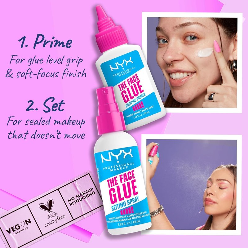 NYX PROFESSIONAL MAKEUP Bundle of The Brow Glue, Extreme Hold Clear Eyebrow Gel + The Face Glue Setting Spray + The Face Glue Gripping Primer