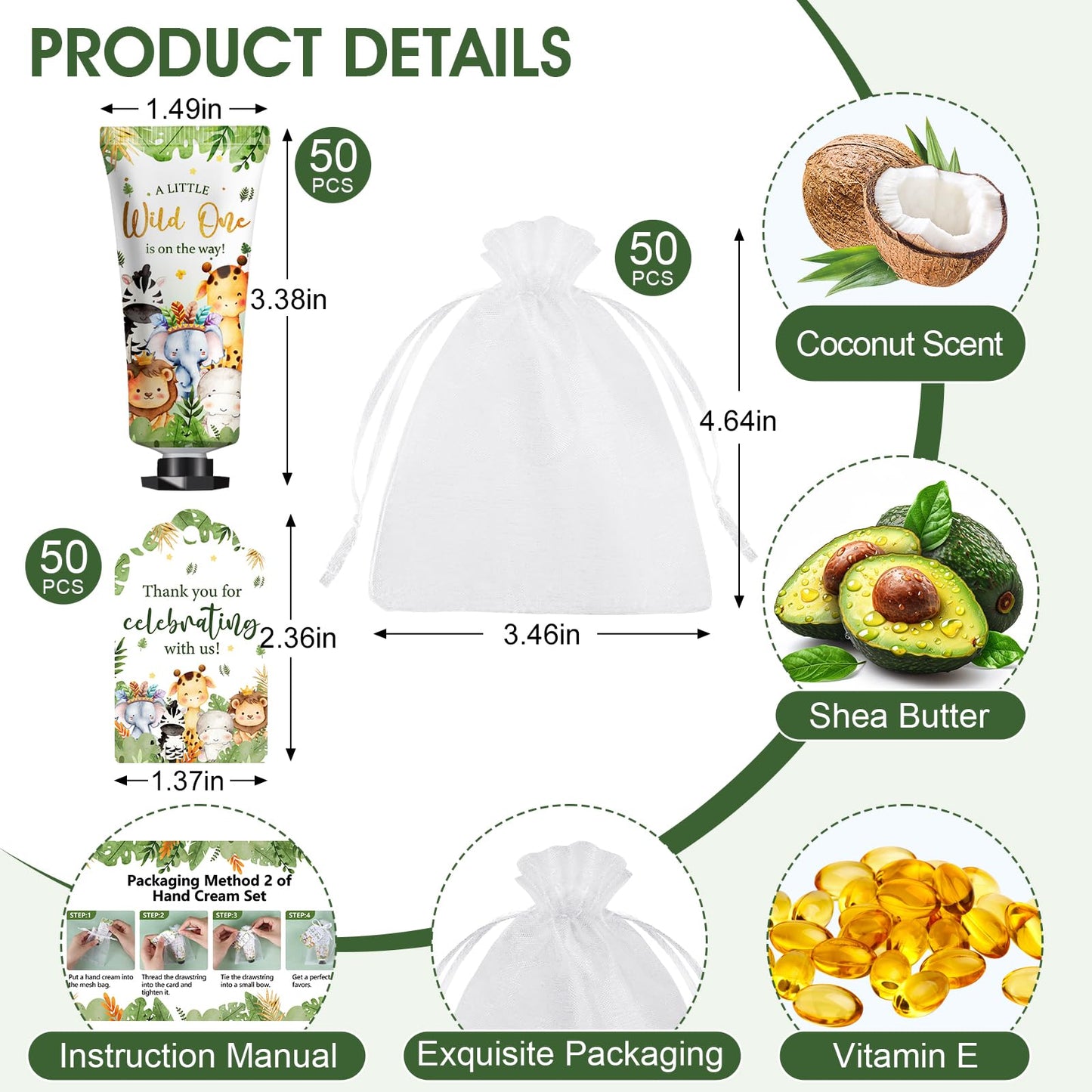 50 Pack Baby Shower Bulk Hand Cream Gifts Sets, Baby Shower Favors and Bridal Shower Favors for Guests with Thank You Card and Organza Gift Bags, Birthday Gifts, Appreciation Gifts for Guests (Animal)
