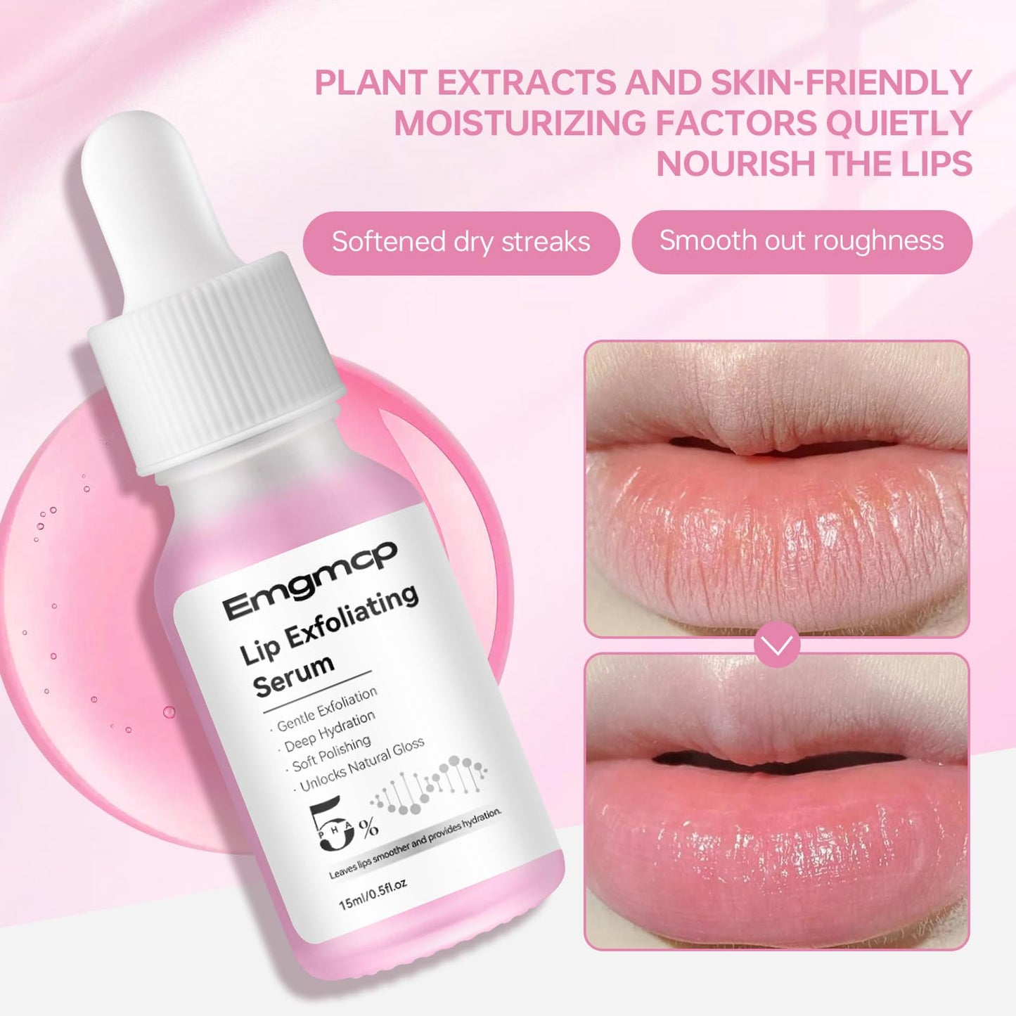 PHA 5% Exfoliating Lip Serum - Leave-On Lip Exfoliator & Moisturize for Dry, Cracked Lips - Hydrating & Moisturizing Serum - Vegan Cruelty-Free Overnight Primer - Smoother Softer Lips