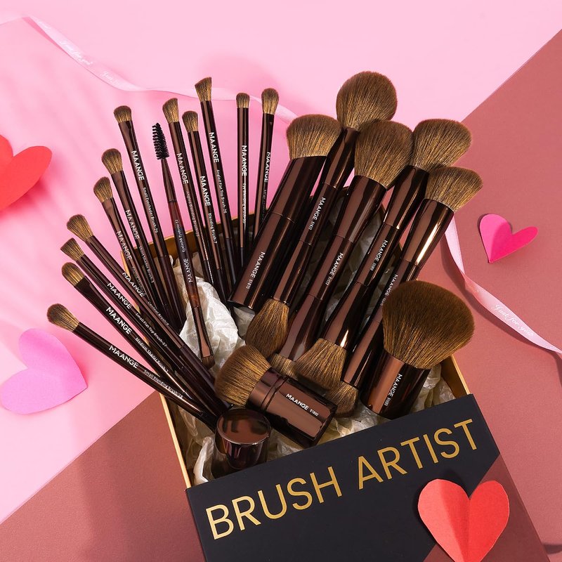 20 PCS Foundation Makeup Brush Set - Double-Ended Kabuki Brushes for Liquid & Powder | Brown Blending Tools