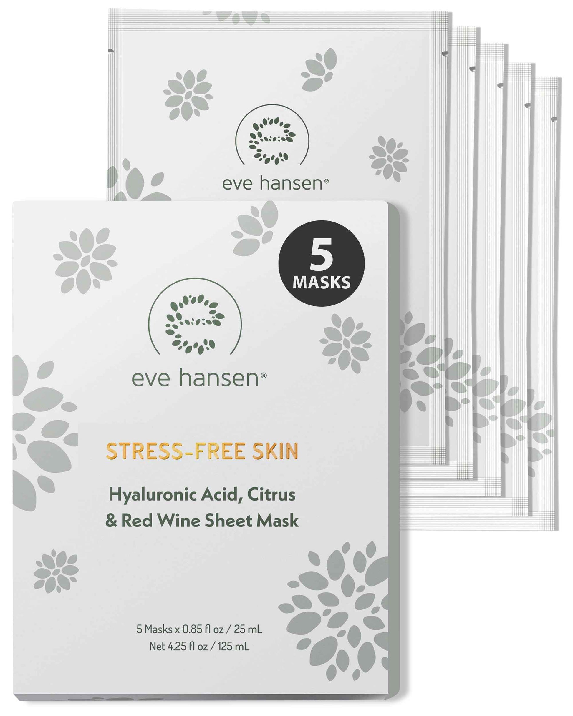 Eve Hansen Hydrating Face Mask Sheets Set of 5 – Moisturizing & Nourishing Care for All Skin Types – With Hyaluronic Acid, Tangerine Peel, Blueberry Extract & Spinach Leaf