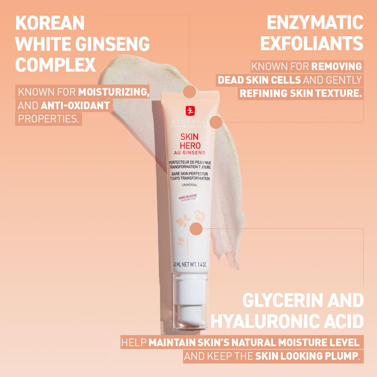 Erborian Skin Hero with White Ginseng, Facial Concealer and Makeup Primer - Non-Tinted Bare Skin Perfecting Face Moisturizer Smooths, Blurs & Illuminates - Silicone Free Korean Skincare