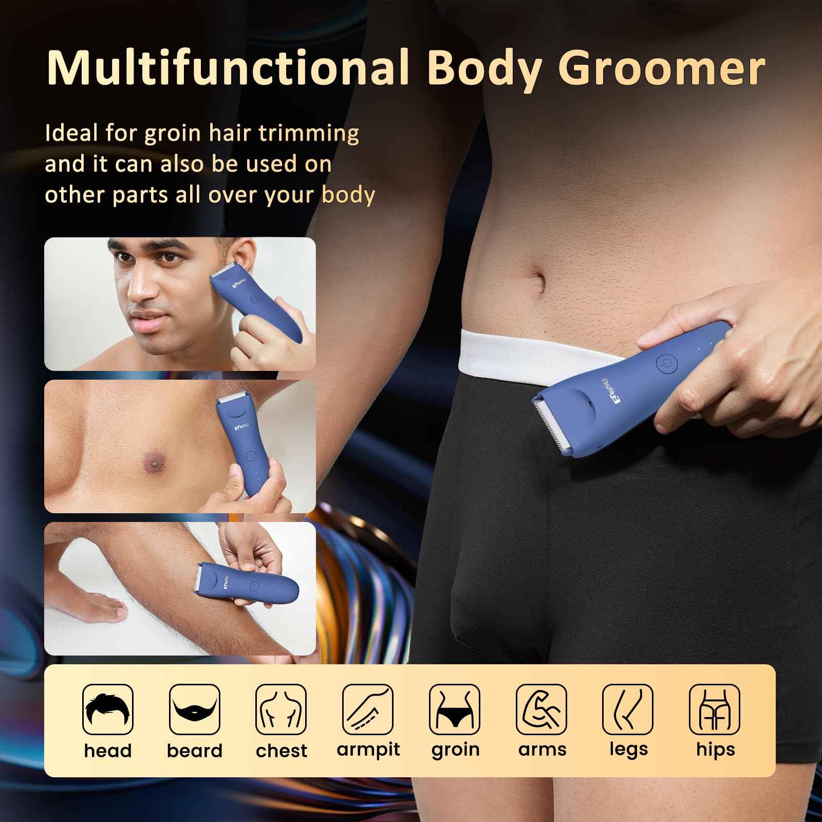 Electric Body Hair Trimmer for Men with Extra Skin-Safe Ceramic Blade, Ball Shaver Groomer w/LED Light& Charging Dock, Pubic Groin Hair Trimmer Male Razor Waterproof (Blue-with Charging Light)