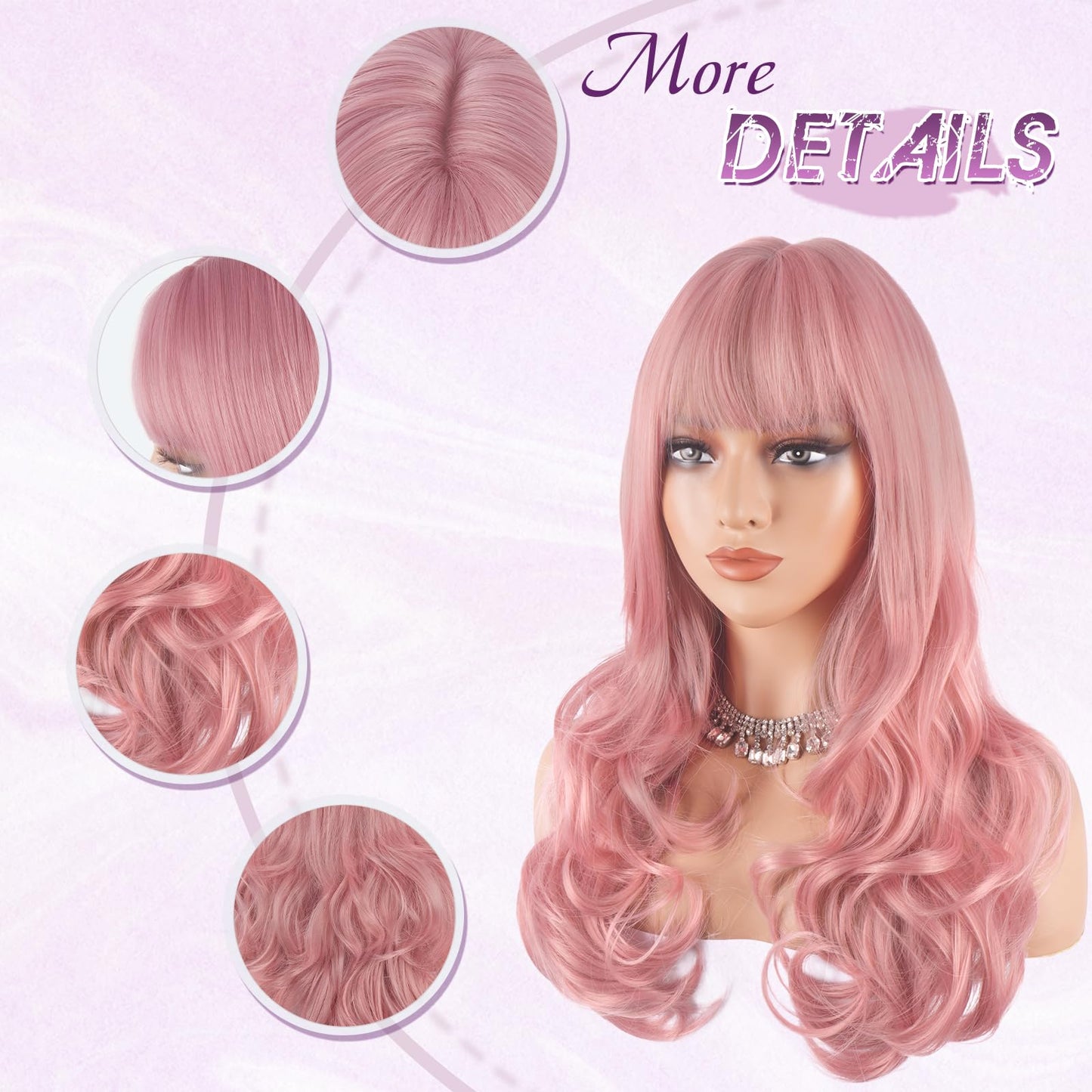 Haloo Pink Wigs with Bangs Long Wavy Layered Haircut Natural Looking Fluffy Synthetic Heat Resistant Hair Wig for Women Daily Party, 24 Inch