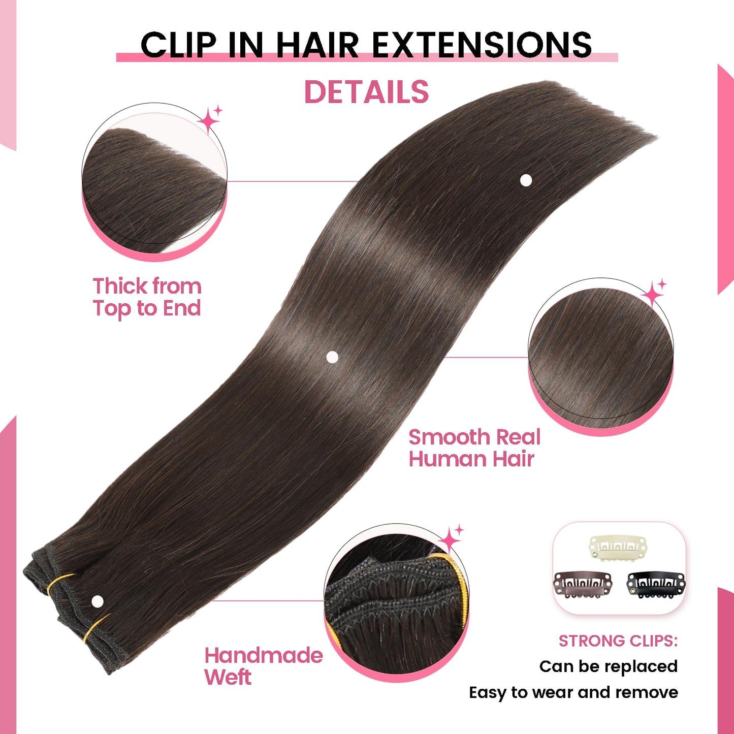 CWRDK Clip in Hair Extensions Real Human Hair,100% Brazilian Remy Human Hair Clip ins for Women, Straight Seamless Double Weft Hair Extensions, Invisible 8pcs, 14 Inch 80g, #2 Dark Brown