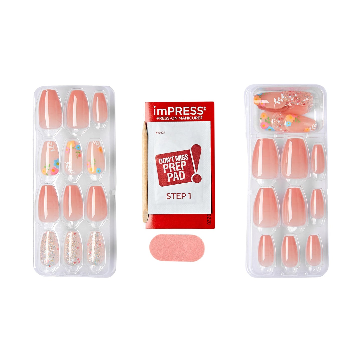 KISS Impress Press-On Manicure Fake Nails, Hokey Pokey - Medium Length, Coffin Shape, Polish-Free Nude Pink with Flower Design Mani, Includes Prep Pad, Mini File, Manicure Stick, and 30 Fake Nails