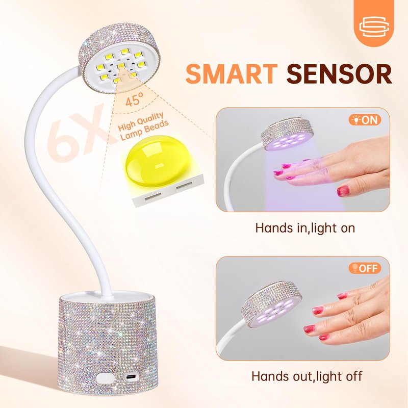 CHRISTINE SHELLY UV LED Nail Lamp, Mini UV Light for Gel Nails Polish, Rechargeable LED Flash Cure Nail Dryer, Quick Drying Goosenecks UV Nail Lamp for Home Nail Salon DIY Manicure, AB Diamond