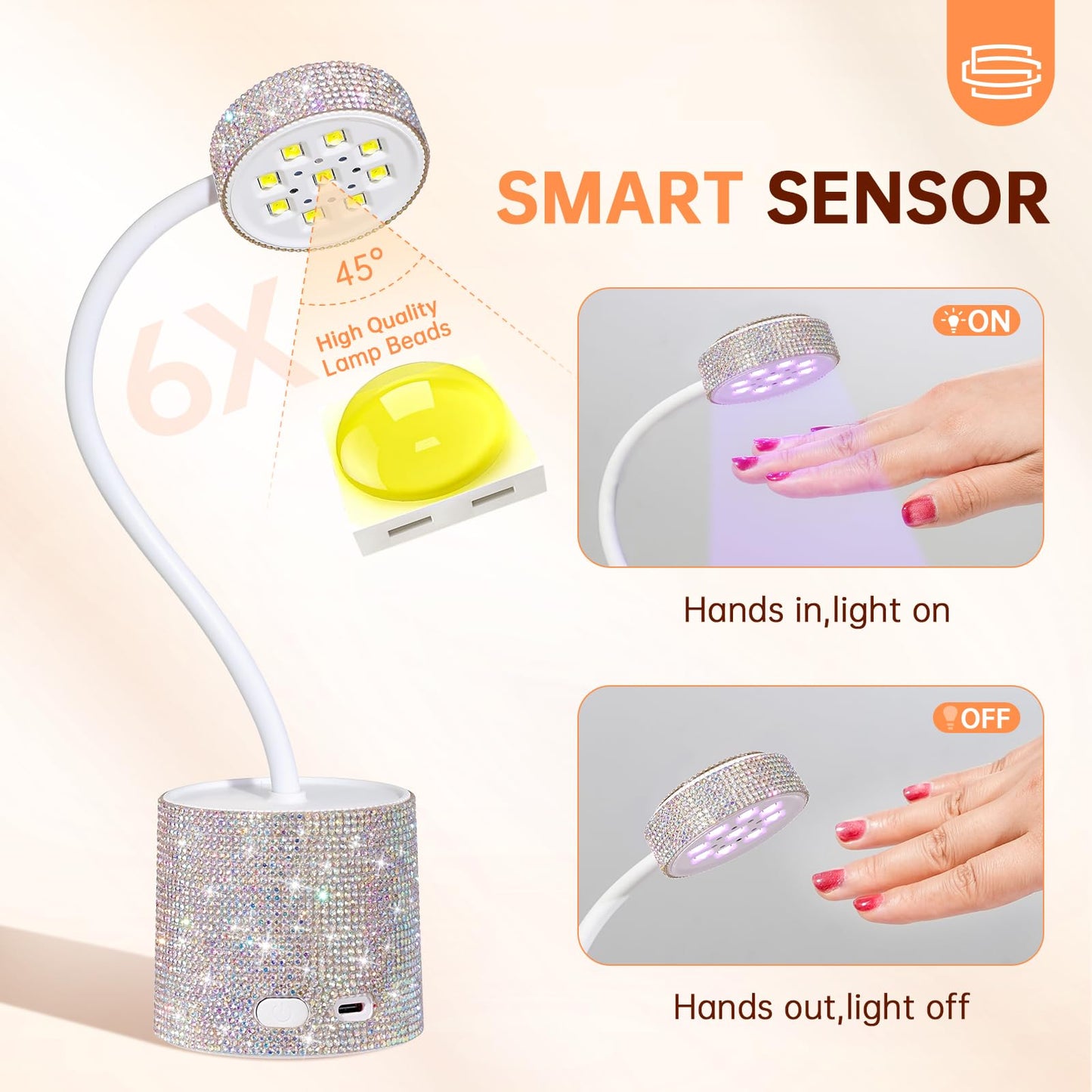 CHRISTINE SHELLY UV Nail Lamp, Flash Cure Nail Lamp Mini UV Light for Gel Nails Polish, Rechargeable Nail Dryer, Quick Drying Gooseneck UV Lamp for Home Nail Salon DIY Manicure, AB Diamond