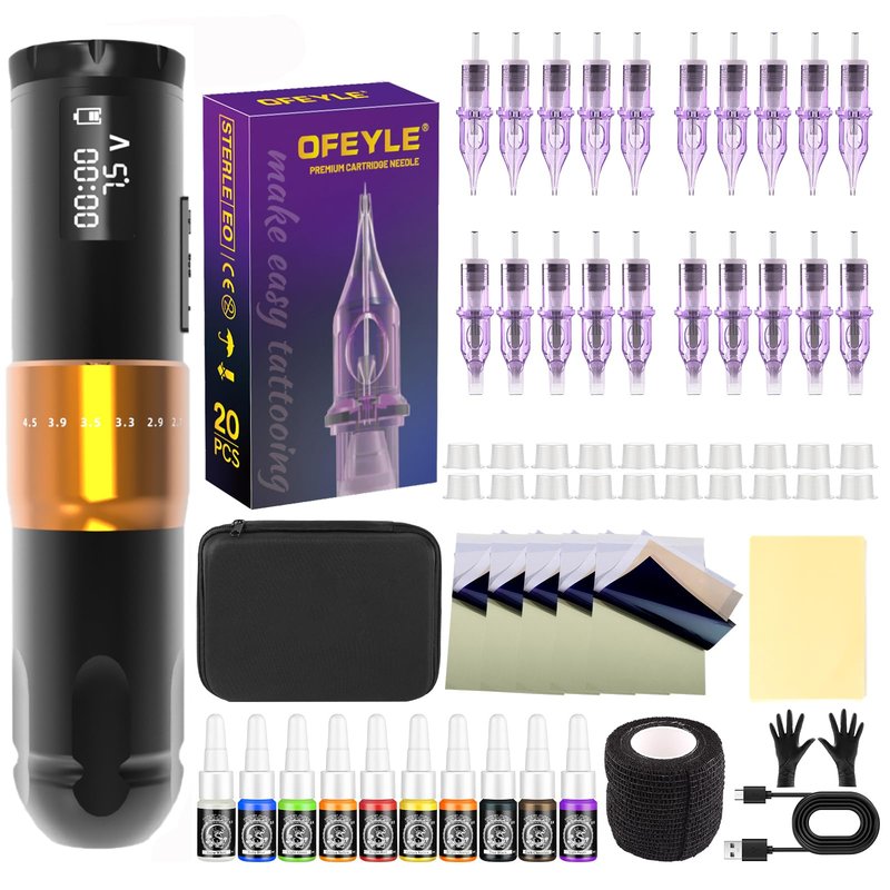 OFEYLE Tattoo Gun Kit Wireless Tattoo Machine Kit Complete Tattoo Kit Rotary Battery Pen Tattoo Machine with LED Digital Display 20PCS Cartridge Needles Tattoo Ink Set Tattoo Supplies for Beginners