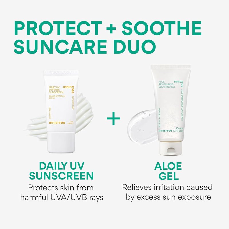 Innisfree Daily UV Defense Sunscreen & Aloe Soothing Gel Bundle | Korean SPF & Hydrating Duo