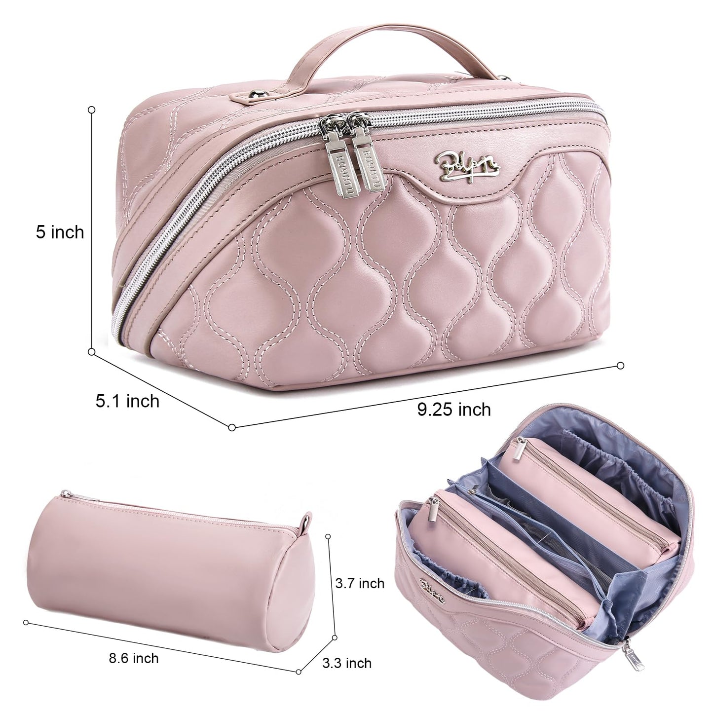 BOYATU Travel Makeup Bags for Women Cosmetic Bag: Puffy Make up Bags Set of 3 - Vegan Leather Makeup Organizer - Waterproof Large Toiletry Bag with Compartments - Travel Essentials (H-3-Pink)
