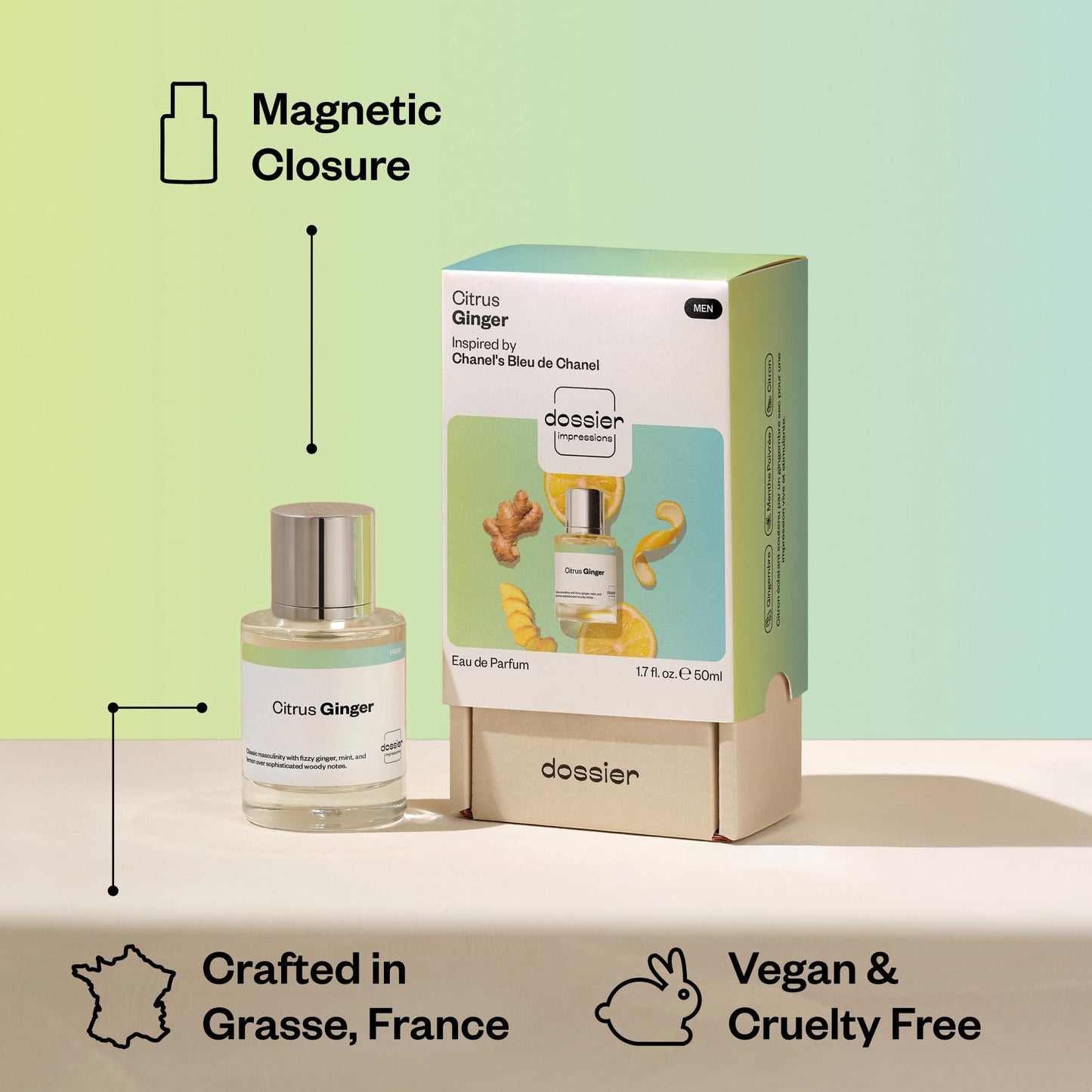 Dossier - Citrus Ginger - Eau de Parfum - Inspired by Bleu de Chanel - Long-Lasting Fragrance - Masculine - 1.7 fl oz (50ml)