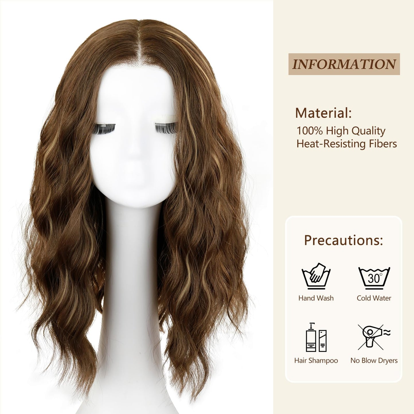 NOVFLKW Brown Highlight Short Wavy Wig for Women Shoulder Length Middle Part with Pre Cut Lace Hairline Wavy Wig Natural Appearance Synthetic Heat Resistant Fiber for Everyday Hairstyle 16 Inch