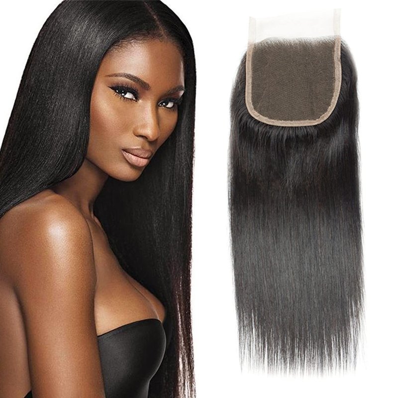 Straight Closure Human Hair straight lace closure 4x4 free part Transparent HD Lace Closure 100% Unprocessed Brazilian Human Virgin Hair 130% Density Natural Black Color 14 inch