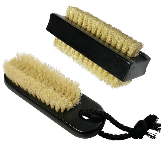 NewFerU Wooden Nail Brush Cleaner Black X 2 in Natural 100% Boar Bristle for Cleaning Hand Finger Foot Toe, Fingernail Toenail Scrub Brush for Men Women Kids Manicure Pedicure (Two sided + w Rope)