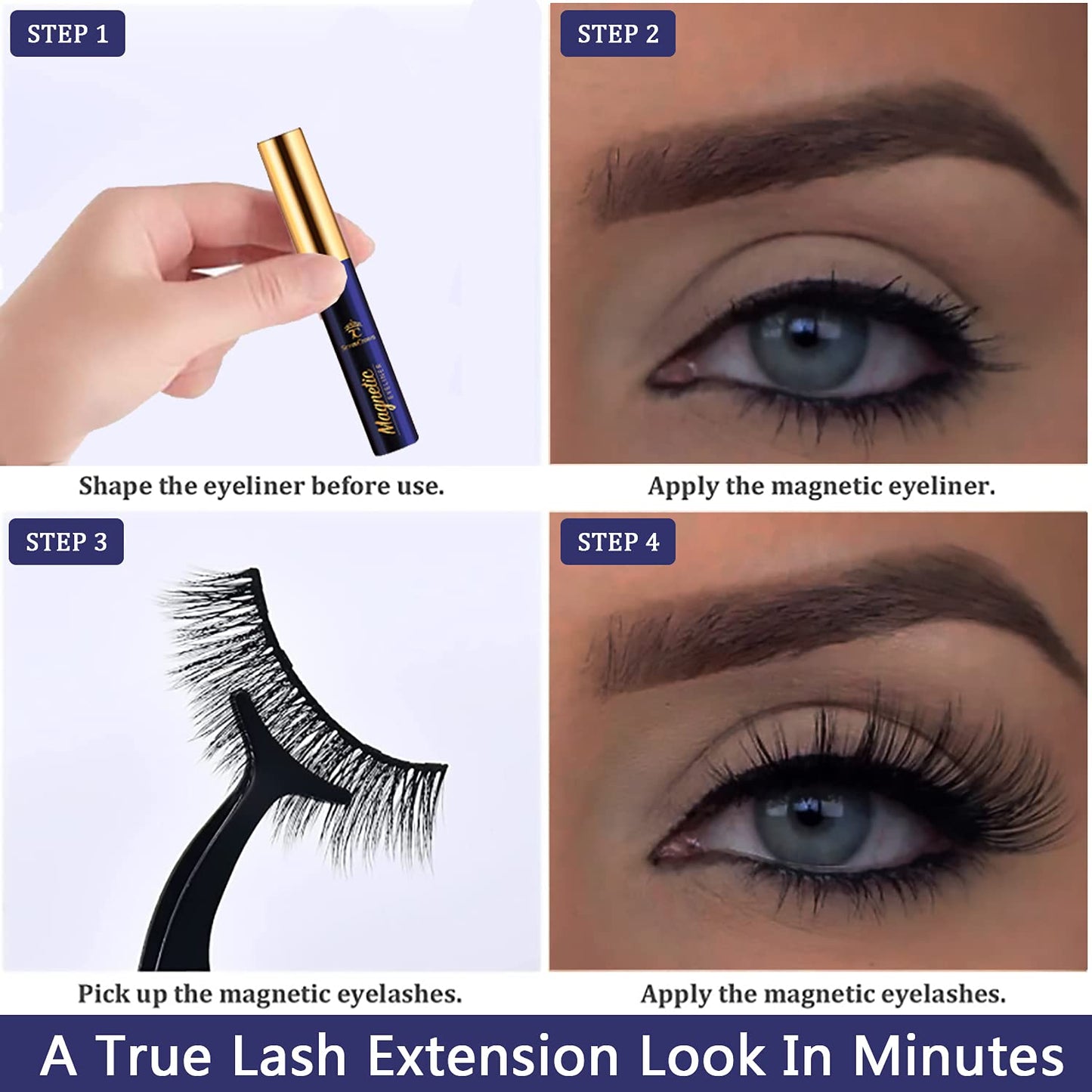 3D Magnetic Eyelashes with Eyeliner Kit - 7C SevenCrown Magnetic Lashes Natural Looking with Upgraded 4 Tubes of Liner Waterproof, Long Lasting,10 Pairs Reusable False Eyelashes Easy to Apply.
