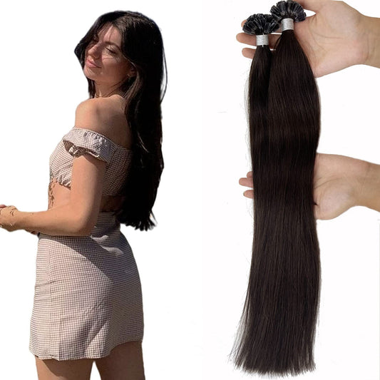 16 Inch Misslala U Tip Hair Extensions Human Hair Brown Pre Bonded Hair Extensions Color #2 Darkest Brown U Tip Brown Hair Extensions Real Human Hair Medinum Length 50g 50s