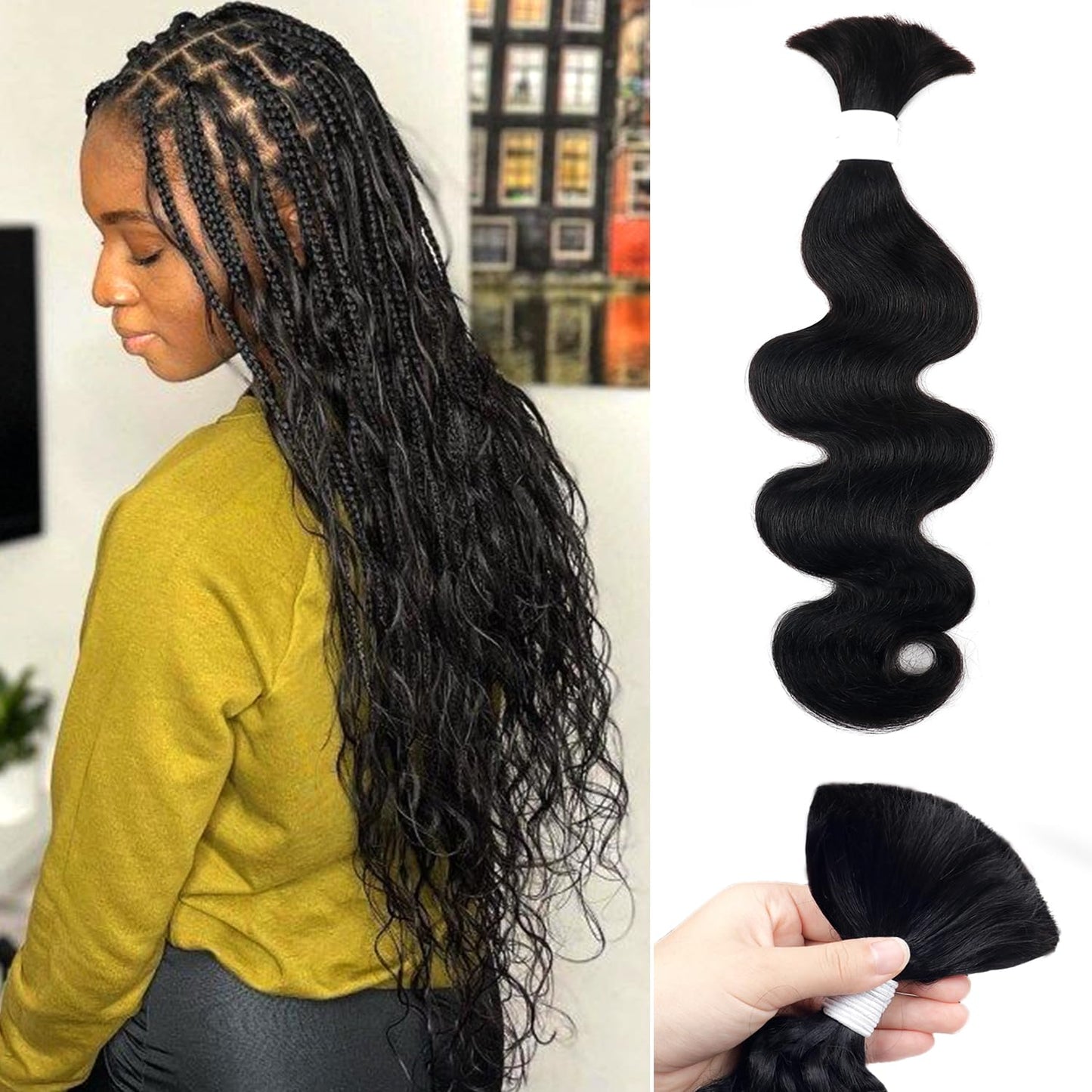 Human Braiding Hair - 100g Body Wave Curly Bulk 14 Inch Natural Black | 100% Unprocessed Brazilian Hair for Boho Braids