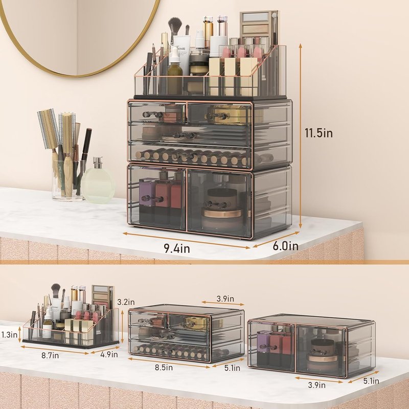 3-Tier 6-Drawer Makeup Organizer - Countertop Cosmetic Storage for Dresser & Vanity | Black with Gilded Borders