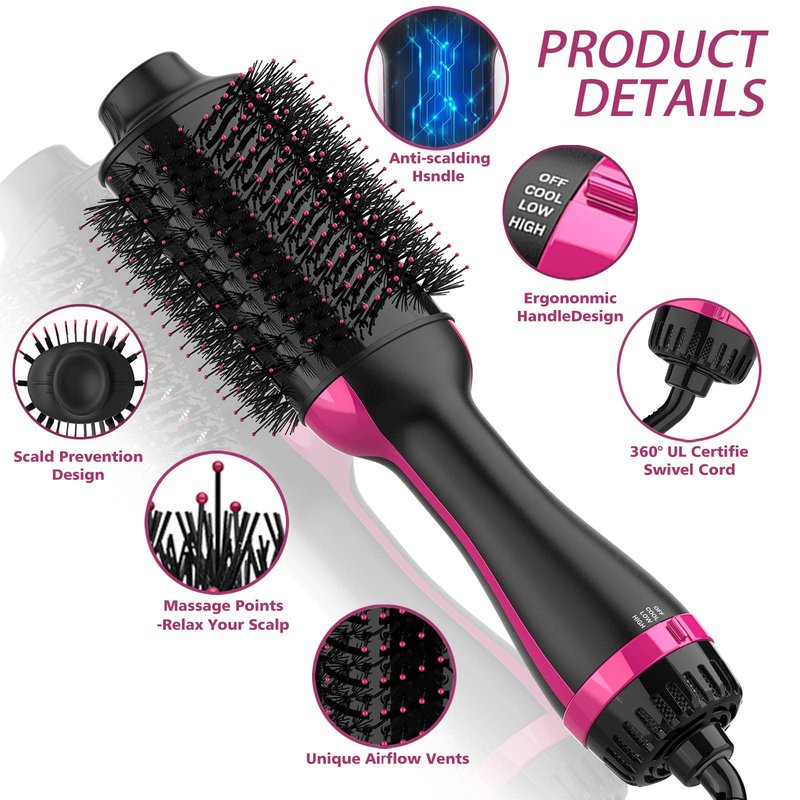 Dimecano Hair Dryer Brush, 4 in 1 One Step Hair Dryer and Styler Volumizer, Professional Hot Air Brush with Negative Ion Anti-frizz Blowout for Drying, Straightening, Salon, Black Pink