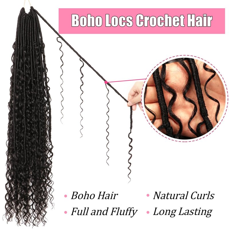 Goddess Faux Locs Crochet Hair - Soft Boho Locs for Black Women | 30 Inch, 8 Packs, Curly Ends (1B)